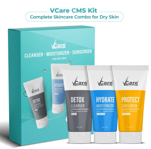 VCare CMS Kit complete skincare combo for dry skin with cleanser moisturizer and sunscreen for hydration and protection