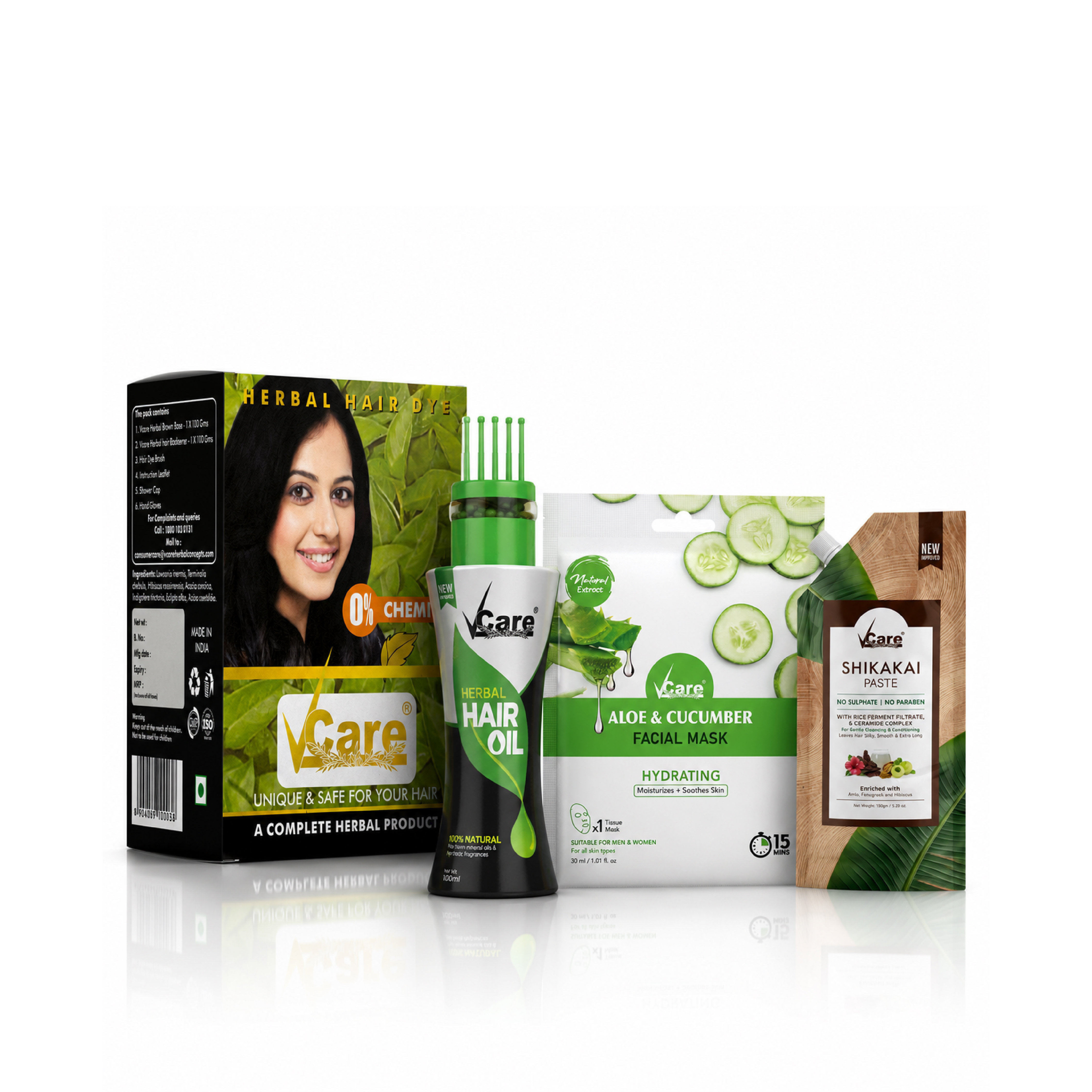 VCare Hair Care Starter Pack | Herbal Hair Oil, Shikakai Paste & Herbal Hair Dye with FREE Facial Mask