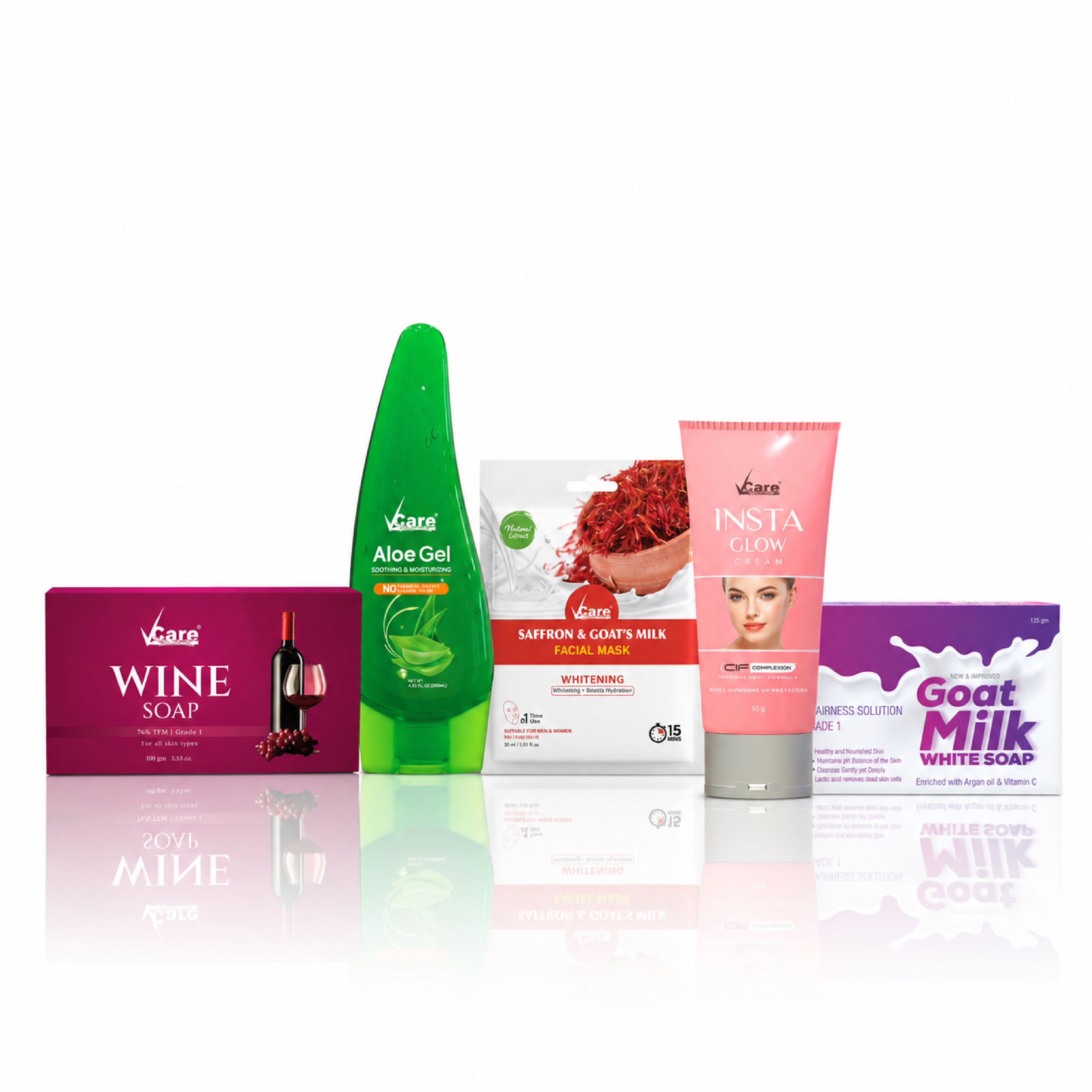 VCare Skin Glow Essentials Combo | Insta Glow Cream, Aloe Gel, Wine Soap, Goat Milk Soap + FREE Facial Mask