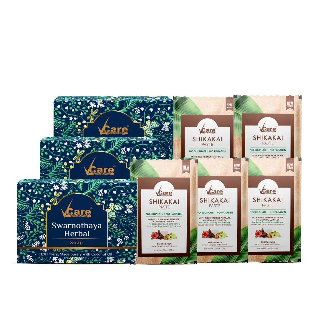 Glow Skin & Strong Hair Combo – Swarnothaya Herbal Soap (Pack of 3) & Shikakai Paste - 15g (Pack of 5)