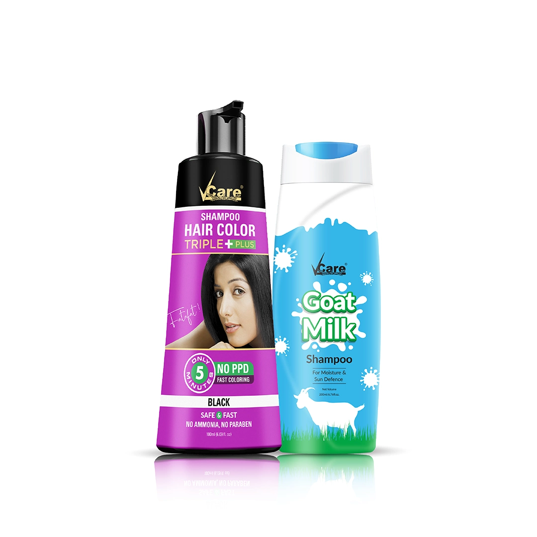 Hair Color & Nourish Combo - Shampoo Hair Color Triple Plus Black - 180ml (pack of 1) & Goat Milk Shampoo 200ml (pack of 2)