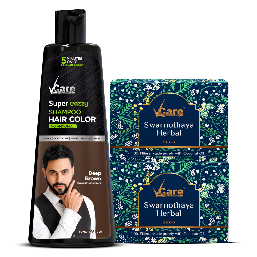 Hair & Skin Glow Combo - Super Eazzy Shampoo Hair Color Brown - 180 ml (Pack of 1) & Swarnothaya Herbal Soap 100g (pack of 2)