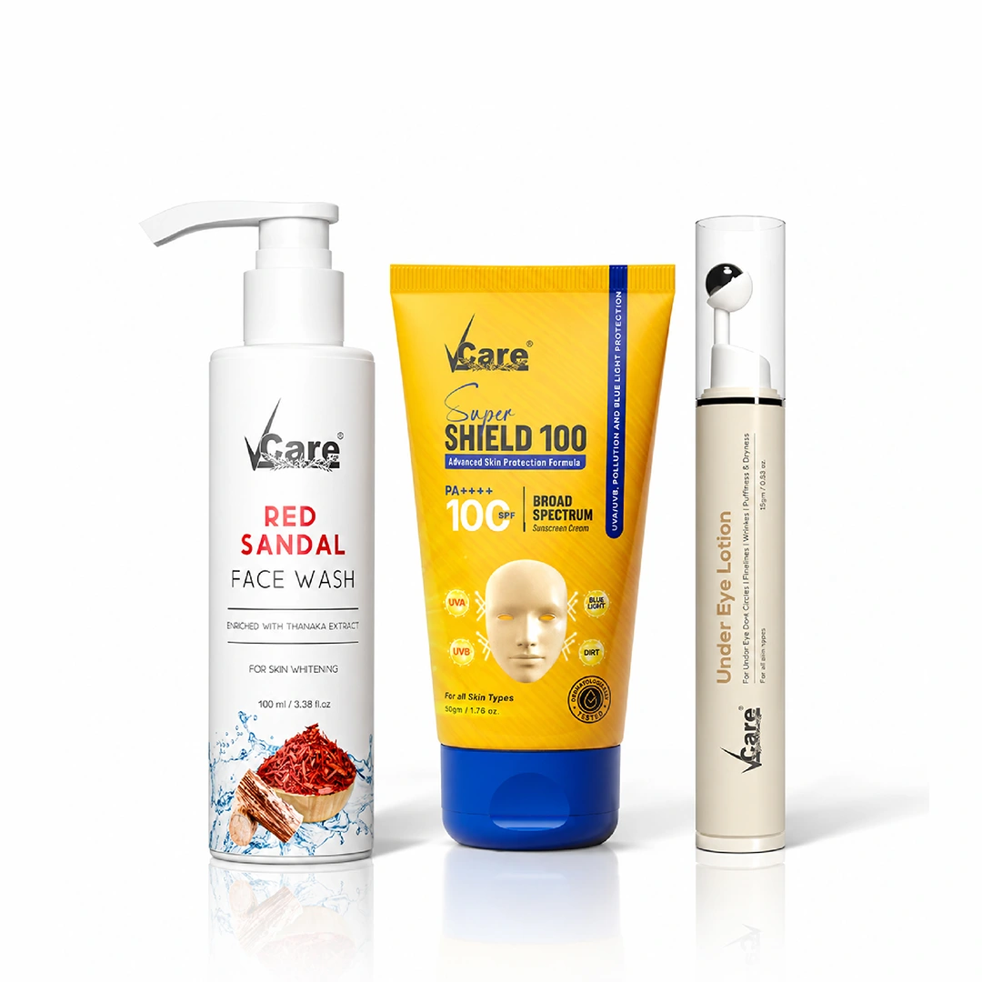 VCare July Glow Fest Combo with Under Eye Lotion-15g & Super Shield 100 - 50g & Red Sandal Face Wash-100ml